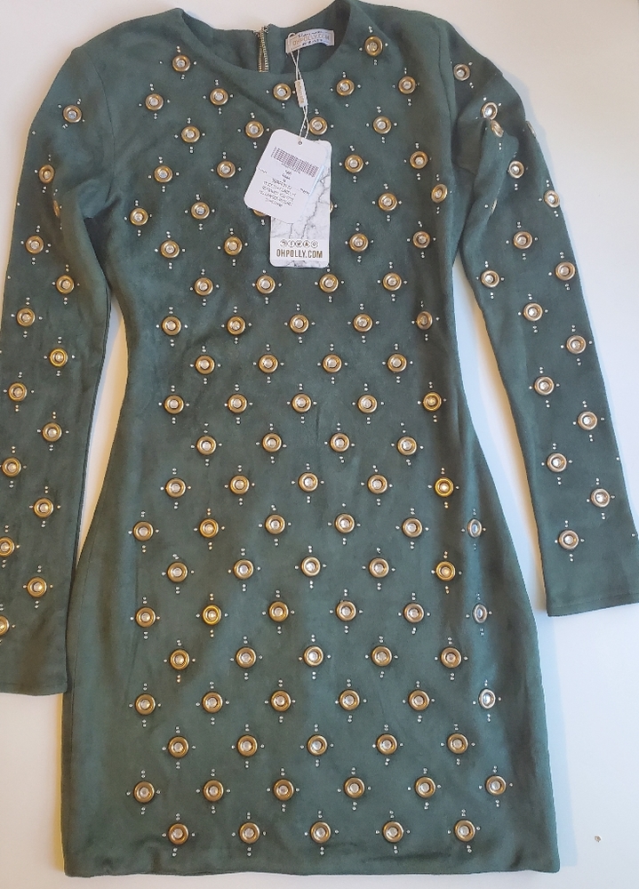 Oh Polly Emerald Green Embellished Long-Sleeve Mini Dress - Picture 3 of 3
